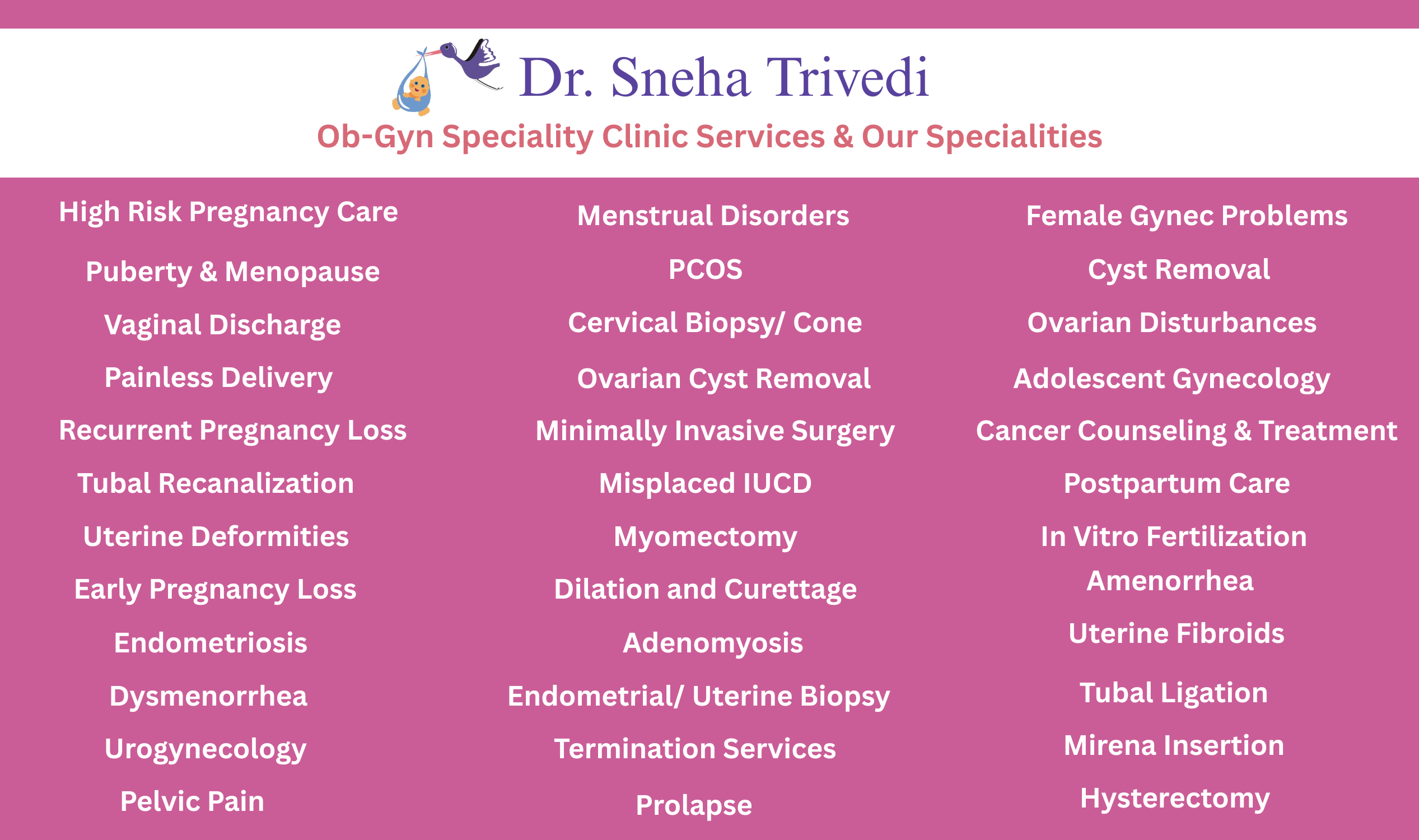 Dr. Sneha Trivedi Clinic Services & Specialities